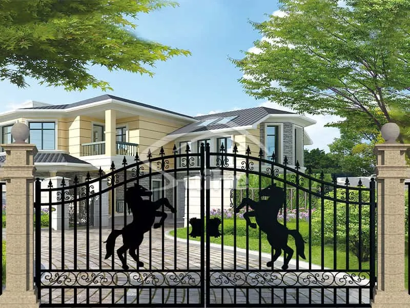 14ft Bi-Parting Iron Gate. With artwork "Horse" in the Middle of Gate Frame