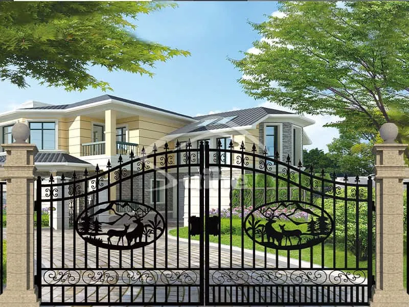 14ft Bi-Parting Iron Gate. With artwork Deer in the Middle of Gate Frame
