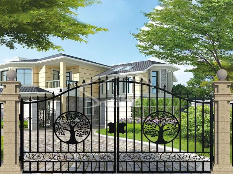 14ft Bi-Parting  Iron Gate. With artwork Tree in the Middle of Gate Frame