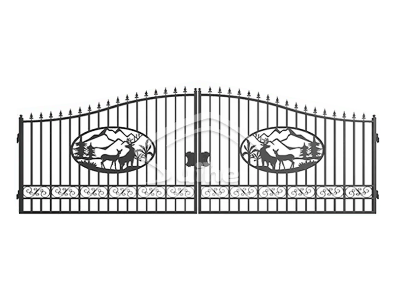 20ft Bi-Parting Iron Gate. With artwork Deer in the Middle of Gate Frame