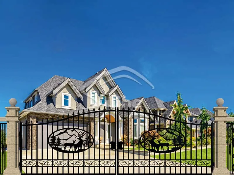 20ft Bi-Parting Iron Gate. With artwork Deer in the Middle of Gate Frame