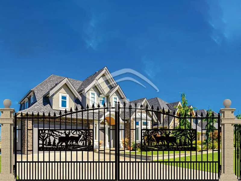 20ft Bi-Parting Iron Gate. With artwork Deer in rectangular figure in the Middle of Gate Frame