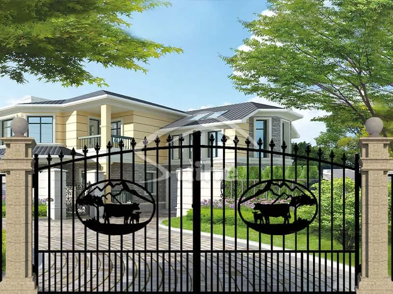 14ft Bi-Parting Iron Gate. With artwork Ox in circular sector figure in the Middle of Gate Frame