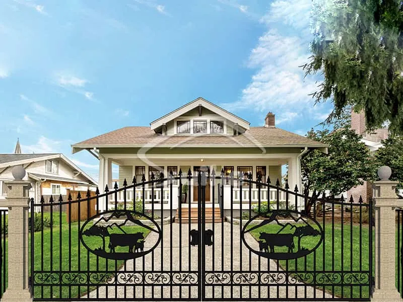 20ft Bi-Parting Iron Gate. With artwork Ox in the Middle of Gate Frame