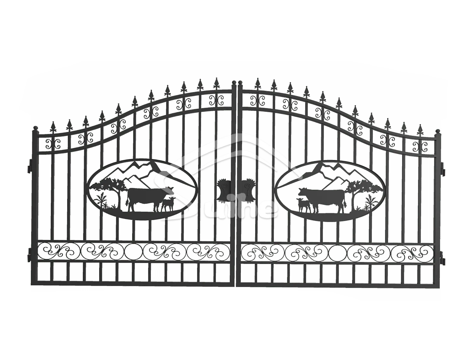 14ft Bi-Parting  Iron Gate. With artwork Tree in the Middle of Gate Frame