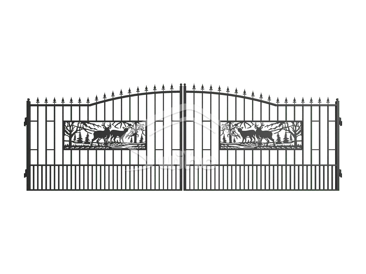 20ft Bi-Parting Iron Gate. With artwork Deer in rectangular figure in the Middle of Gate Frame