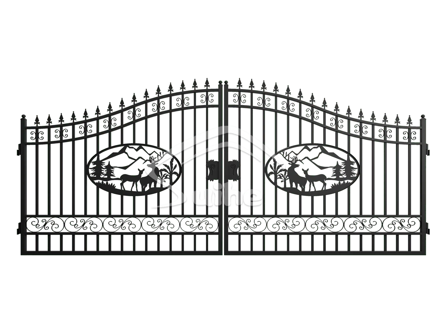 14ft Bi-Parting Iron Gate. With artwork Deer in the Middle of Gate Frame